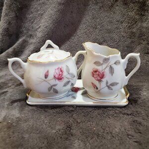 Napco Cream And Sugar With Tray Hand Painted with Gold Trim No Chips Or Cracks